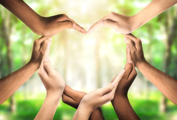 Birlik ve çeşitlilik, birlik ve beraberliği temsil eden bir destek sembolü olarak birbirine bağlı farklı bir grup insanın kalbindedir. Ellerden yaratılan sembol ve şekil.