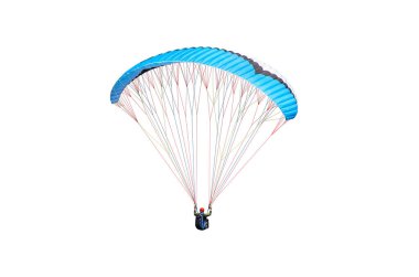 Bright colorful parachute on white background, isolated. Concept of extreme sport, taking adventure challenge.