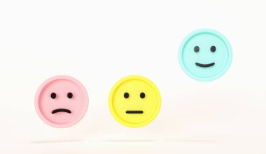 Hüzünlü ve mutlu ruh hali, değerlendirme, artış oranı, müşteri deneyimi, memnuniyet ve en iyi hizmet derecelendirme konsepti olan emoji ifadeleri. Müşteri hizmetleri değerlendirmesi. 3d hazırlayıcı.