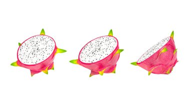 Ejderha meyvesi Koleksiyonu Yarısı kesilmiş beyaz arka planda ejderha meyvesi veya pitahaya (pitaya) eti gördü. Kırpma yolu dahil. Bahçeden taze organik ejderha meyvesi. yiyecek konsepti.