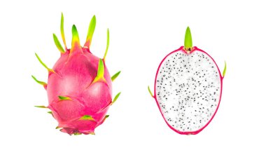 Ejderha meyvesi koleksiyonu, kesme yolu olan beyaz arka planda izole edilmiş pitaya. Beyaz arka planda izole edilmiş beyaz etli pitaya meyvesi. Bahçeden taze organik ejderha meyvesi. yiyecek konsepti.