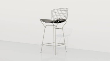 Siyah minderli beyaz bir sandalye beyaz bir duvarda oturuyor. Sandalye metalden yapılmıştır ve bir ağ tasarımına sahiptir. Sandalye modern ve şık, minimalist bir tasarımı var.