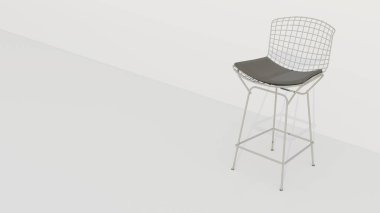 Siyah minderli beyaz bir sandalye beyaz bir duvarda oturuyor. Sandalye metalden yapılmıştır ve bir ağ tasarımına sahiptir. Sandalye modern ve şık, minimalist bir tasarımı var.