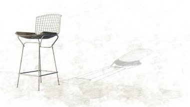 Siyah minderli beyaz bir sandalye beyaz bir duvarda oturuyor. Sandalye metalden yapılmıştır ve bir ağ tasarımına sahiptir. Sandalye modern ve şık, minimalist bir tasarımı var.