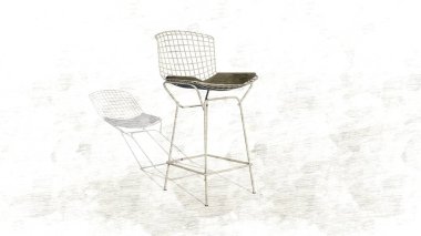 Siyah minderli beyaz bir sandalye beyaz bir duvarda oturuyor. Sandalye metalden yapılmıştır ve bir ağ tasarımına sahiptir. Sandalye modern ve şık, minimalist bir tasarımı var.