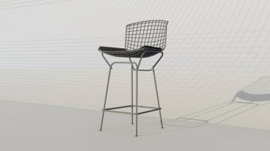 Siyah minderli beyaz bir sandalye beyaz bir duvarda oturuyor. Sandalye metalden yapılmıştır ve bir ağ tasarımına sahiptir. Sandalye modern ve şık, minimalist bir tasarımı var.
