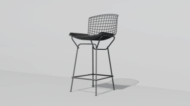 Siyah minderli beyaz bir sandalye beyaz bir duvarda oturuyor. Sandalye metalden yapılmıştır ve bir ağ tasarımına sahiptir. Sandalye modern ve şık, minimalist bir tasarımı var.