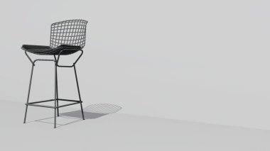 Siyah minderli beyaz bir sandalye beyaz bir duvarda oturuyor. Sandalye metalden yapılmıştır ve bir ağ tasarımına sahiptir. Sandalye modern ve şık, minimalist bir tasarımı var.
