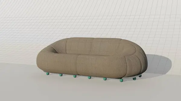 modern cloud sofa in the living room cream color with wheels on the bottom in green, on blueprint. 3d rendering