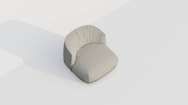 bej kadife tek kişilik kanepe, beyaz arka planda hafif kıvrımlı sırt arkası var. 3d oluşturma