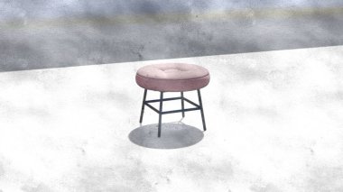Ortasında dikdörtgen bir depresyon olan kremalı, yuvarlak bir tabure. Mobilya tasarımı 3D tasarım. Robot resimde izole edilmiş tek sandalye
