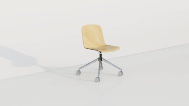 Parlak ahşap ve 4 tekerlekli sandalyeli minimalist ofis koltuğu. 3d hazırlayıcı