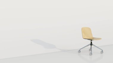Parlak ahşap ve 4 tekerlekli sandalyeli minimalist ofis koltuğu. 3d hazırlayıcı
