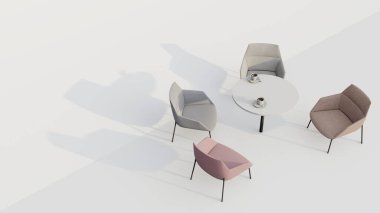 Beyaz arka plan, yemek masası ya da kahve masası ve pastel renkli koltuklar. 3d oluşturma