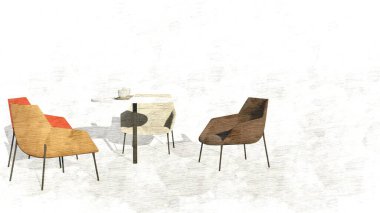 Yemek masası ya da sehpası olan kaykay arka planı ve pastel renkli koltuklar. 3d oluşturma