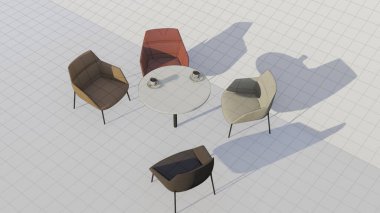 Yemek masası ya da kahve masası ve pastel renkli koltukları olan bir plan. 3d oluşturma