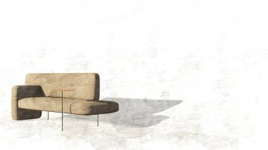 Modern krema modüler kanepe ve tek kahve sehpası. Karalama ile dekore edilmiş tekstil döşeme kanepesi. Modern iç mekan, çatı katı, İskandinav. 3d oluşturma