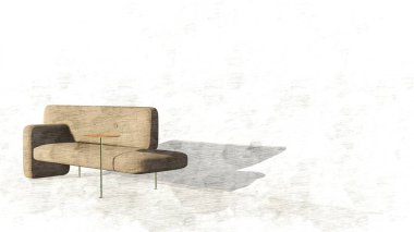 Modern krema modüler kanepe ve tek kahve sehpası. Karalama ile dekore edilmiş tekstil döşeme kanepesi. Modern iç mekan, çatı katı, İskandinav. 3d oluşturma