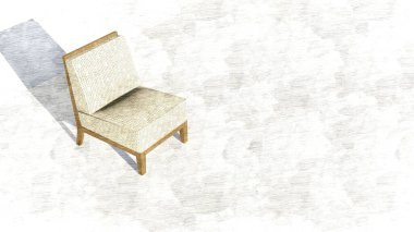 Basit minimalist bir sandalye, ahşap ve oval motiflerle kadife kombinasyonlu bir robot resimde birbirlerine bağlanan. 3d oluşturma