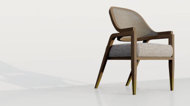 İç mobilya kumaşı ve beyaz arka planda ahşap sandalyeler. 3d oluşturma