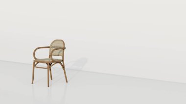Klasik minimalist rattan sandalye. Sırtı kıvrımlı ve kollukları beyaz arka planda. 3d oluşturma