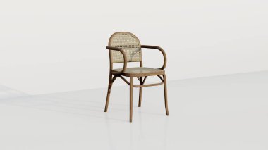 Klasik minimalist rattan sandalye. Sırtı kıvrımlı ve kollukları beyaz arka planda. 3d oluşturma