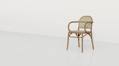 Klasik minimalist rattan sandalye. Sırtı kıvrımlı ve kollukları beyaz arka planda. 3d oluşturma
