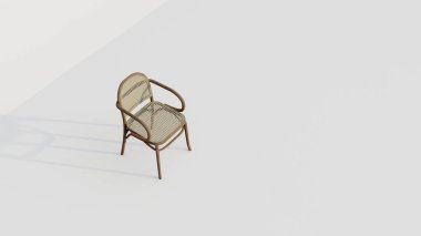 Klasik minimalist rattan sandalye. Sırtı kıvrımlı ve kollukları beyaz arka planda. 3d oluşturma