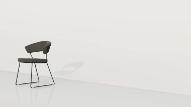 Kolsuz sandalye, arkası deriden yapılmış koltuk ve beyaz arka planda metalden yapılmış sandalye bacakları. 3d oluşturma