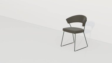 Kolsuz sandalye, arkası deriden yapılmış koltuk ve beyaz arka planda metalden yapılmış sandalye bacakları. 3d oluşturma