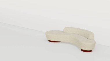 Üç boyutlu krem renkli oval kanepe soluk bir motif ve beyaz arka planda tahta bacaklardan yapılmış kanepe bacakları.