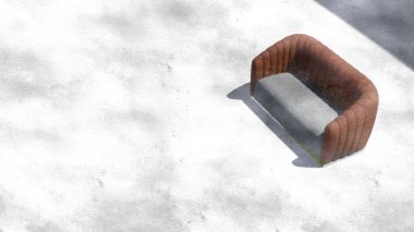 Üç boyutlu kahverengi deri kanepe ve çizimde beyaz yastıklar.