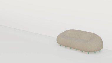 Modern bulut kanepesi, oturma odası krem renginde, altında yeşil, beyaz arka planda tekerlekler var. 3d oluşturma