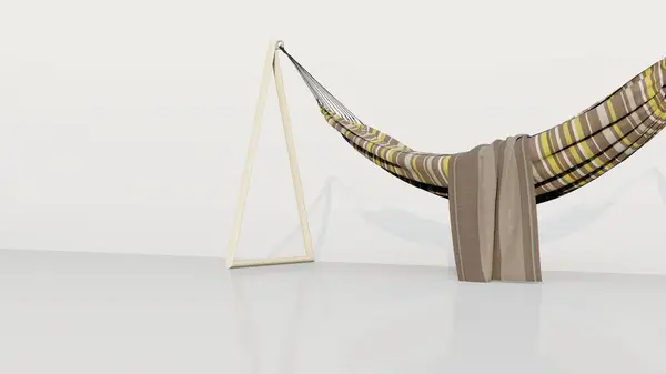 3d Hammock icon with striped patterned cloth and triangular poles on both sides isolated on white background. 3d rendering illustration