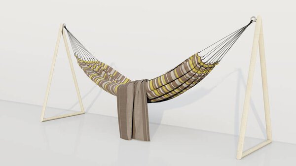 3d Hammock icon with striped patterned cloth and triangular poles on both sides isolated on white background. 3d rendering illustration