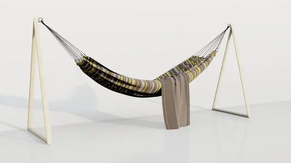 3d Hammock icon with striped patterned cloth and triangular poles on both sides isolated on white background. 3d rendering illustration