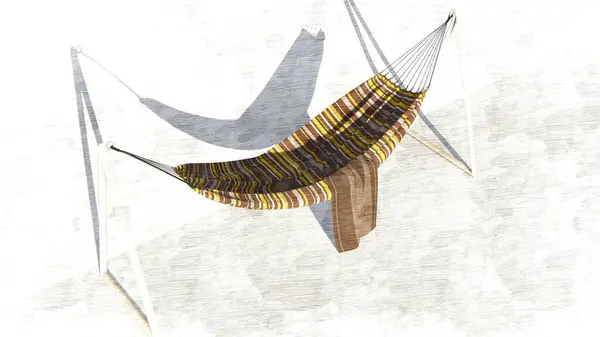 3d Hammock icon with striped patterned cloth and triangular poles on both sides isolated on sketch. 3d rendering illustration