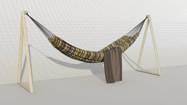 3d Hammock icon with striped patterned cloth and triangular poles on both sides isolated on blueprint background. 3d rendering illustration