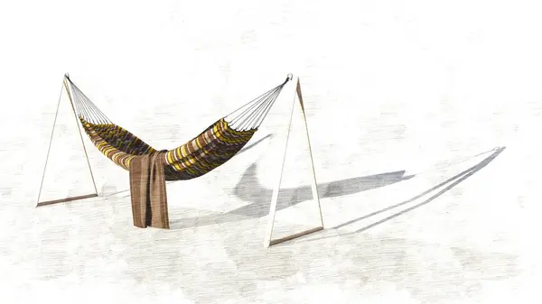 3d Hammock icon with striped patterned cloth and triangular poles on both sides isolated on sketch. 3d rendering illustration