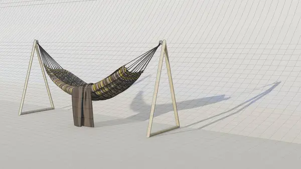 3d Hammock icon with striped patterned cloth and triangular poles on both sides isolated on blueprint background. 3d rendering illustration