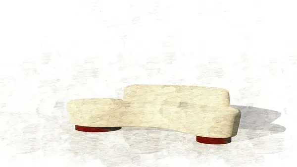 3d render of a cream colored oval sofa with a faint checkered motif and with sofa legs made of wood on a sketch