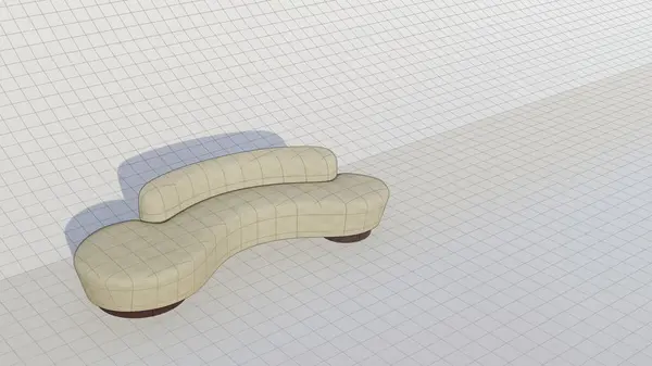 3d render of a cream colored oval sofa with a faint checkered motif and with sofa legs made of wood in the blueprint