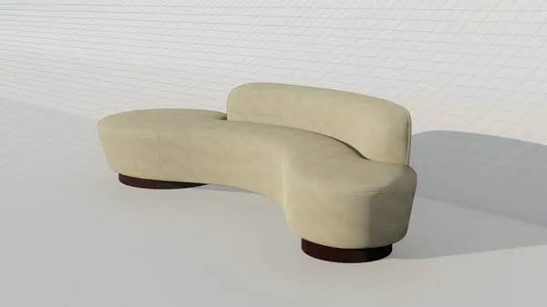 3d render of a cream colored oval sofa with a faint checkered motif and with sofa legs made of wood in the blueprint