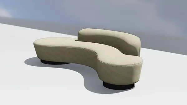 3d render of a cream colored oval sofa with a faint checkered motif and with sofa legs made of wood