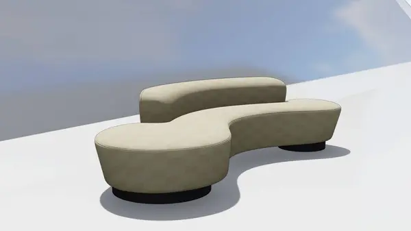 3d render of a cream colored oval sofa with a faint checkered motif and with sofa legs made of wood