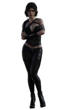 Nyx deri elbiseli kadın.