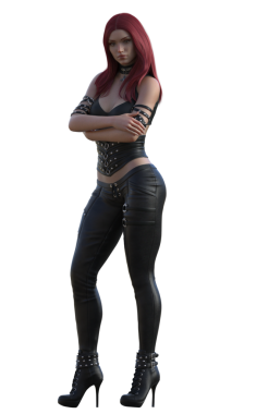 Deri elbiseli kızıl saçlı.