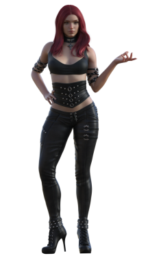 Deri elbiseli kızıl saçlı.