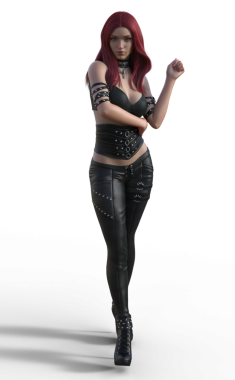 Deri elbiseli kızıl saçlı.