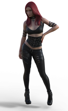 Deri elbiseli kızıl saçlı.